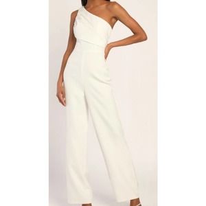 LULU'S SZ M Special Sophistication White One-Shoulder Wide-Leg Jumpsuit NEW B78
